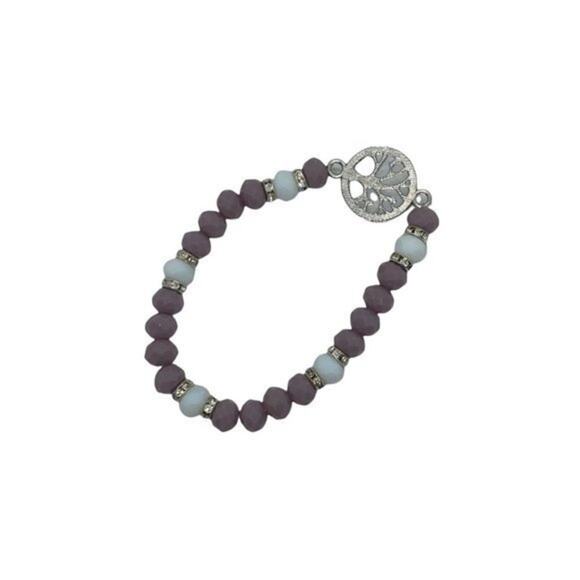 Purple White Beaded Silver-Tone Tree of Life Pendant Rhinestone Stretch Bracelet - Picture 9 of 9